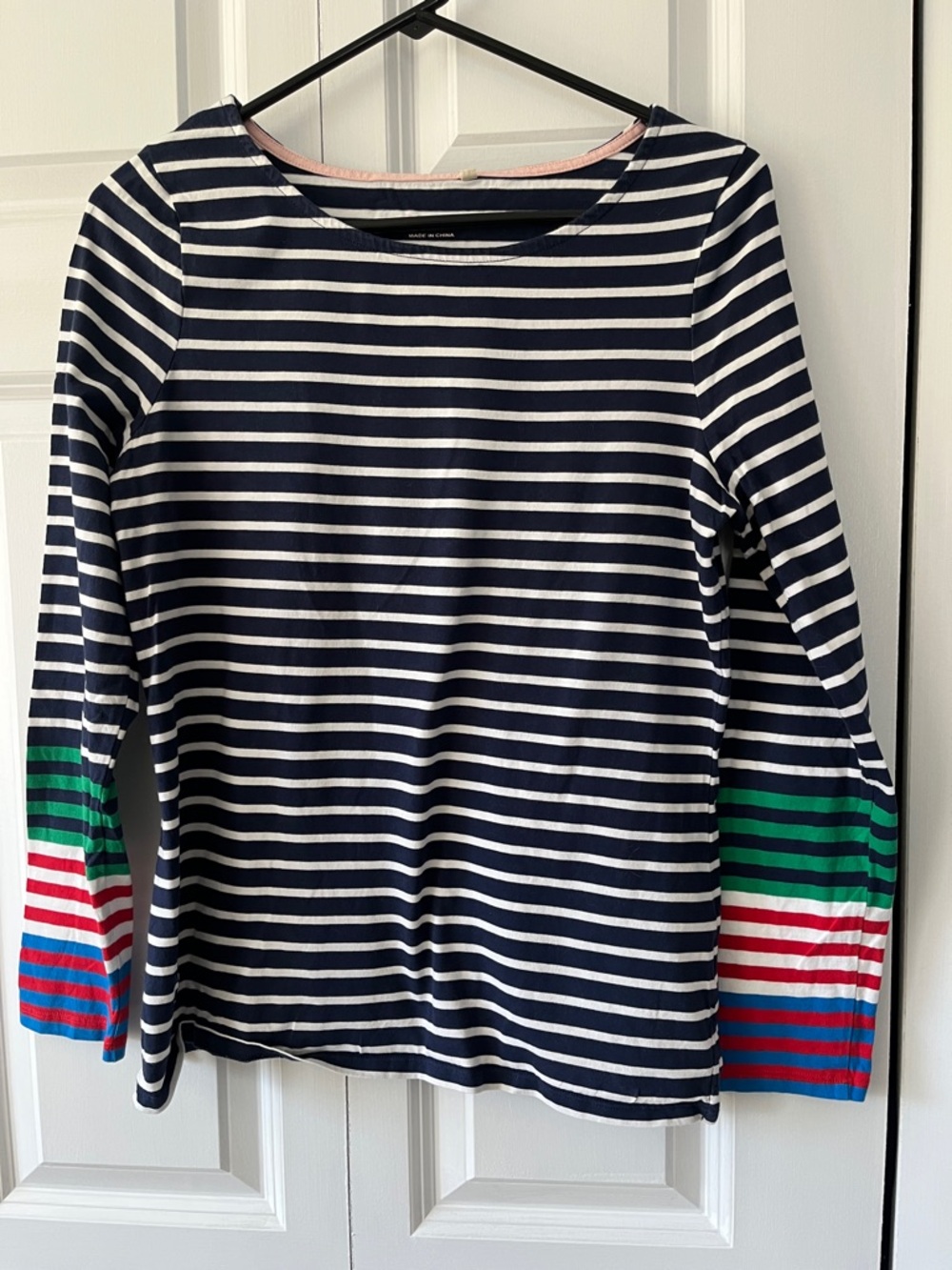 Boden Navy and White Striped Top with Pink Trim